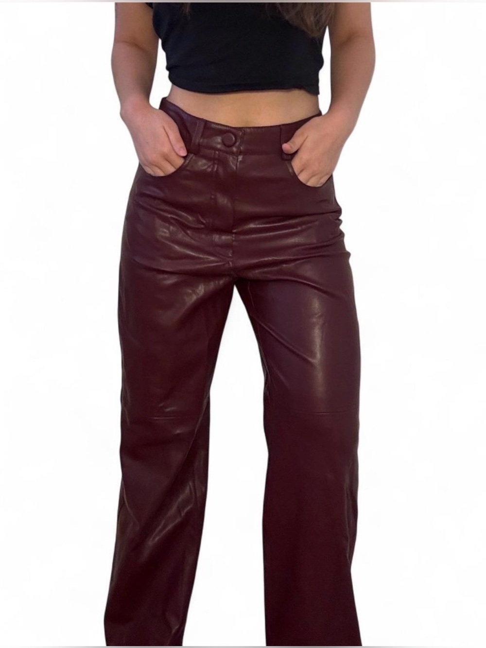 Women's Straight Leg Designer Faux Leather Pants - Burgundy